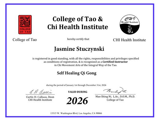 Jasmine Stuczynski's Self-Healing Qi Gong certificate from the College of Tao & CHI Health Institute, valid 2026